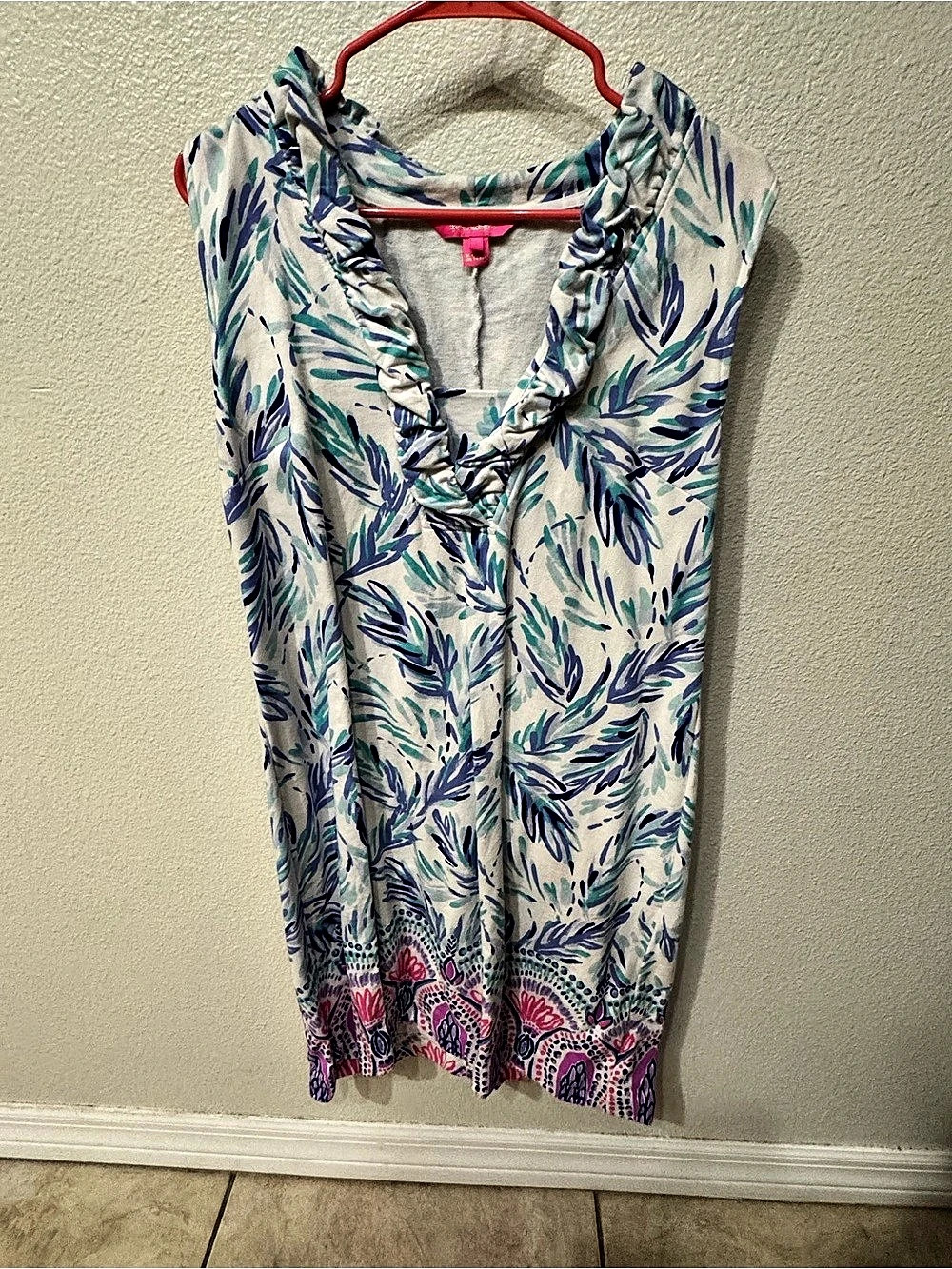 Lilly Pulitzer Floral Ruffle Neck dress in White & Blue